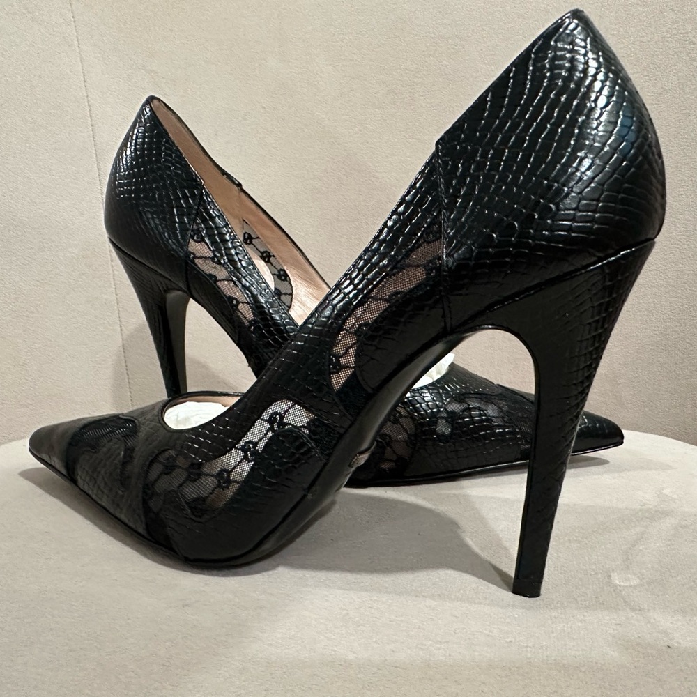 GUCCI BLACK CALF PYTHON PRINT GG RHOMBUS HEELS